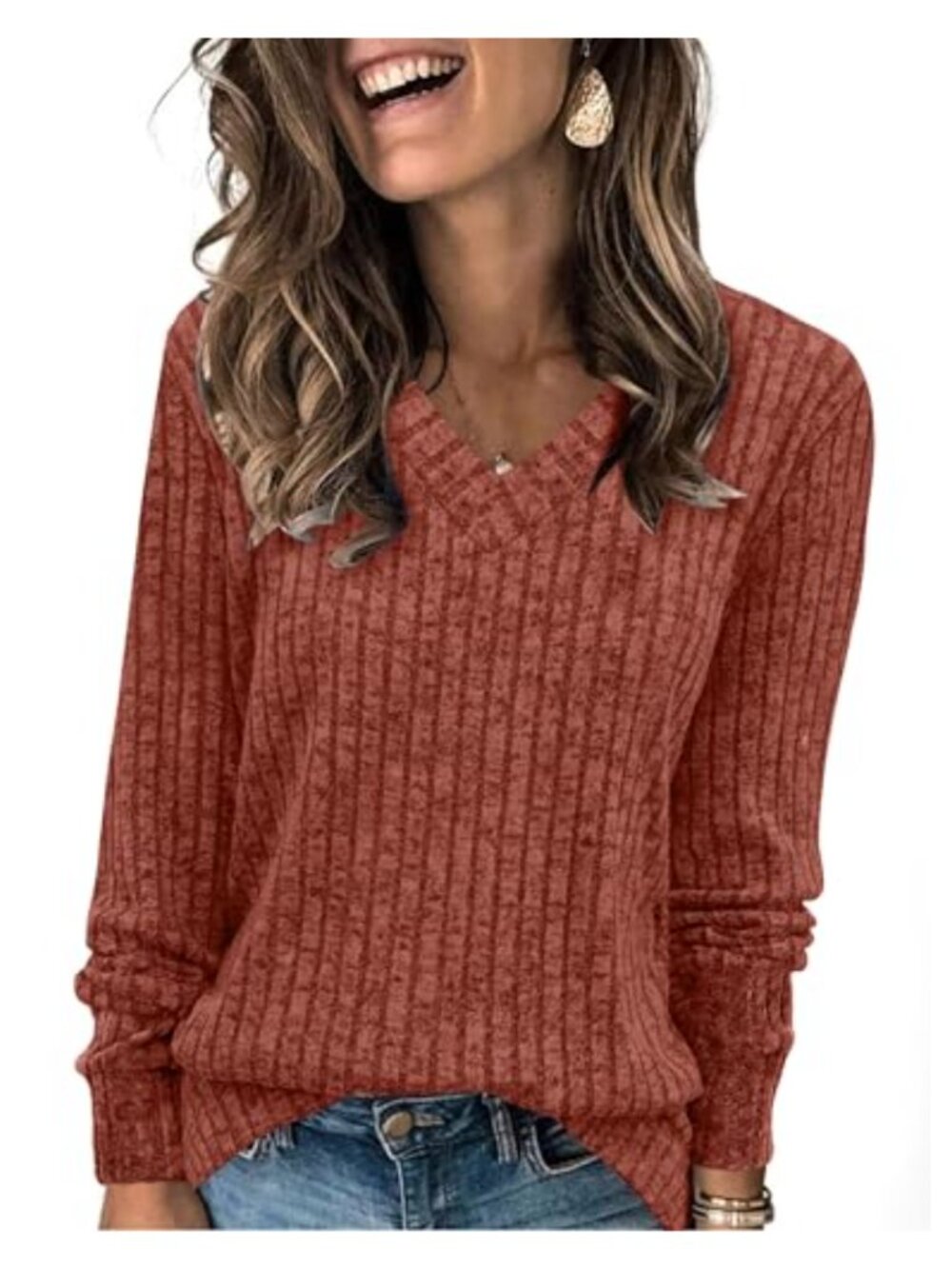 SAMPEEL V-Neck Long Sleeve Tunic Sweater Lightweight Loose Fit Casual Top